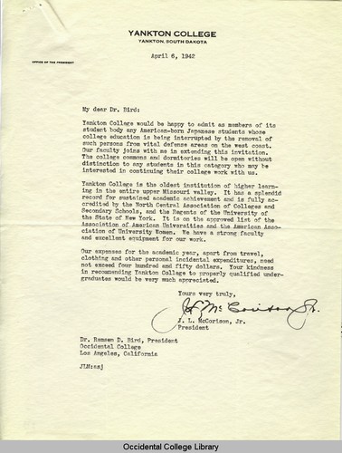 Letter from J. L. McCorison, Jr., President, Yankton College, to Remsen Bird, April 6, 1942