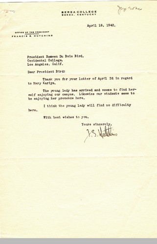 Letter from Francis S. Hutchins, President, Berea College, to Remsen Bird, April 18, 1942