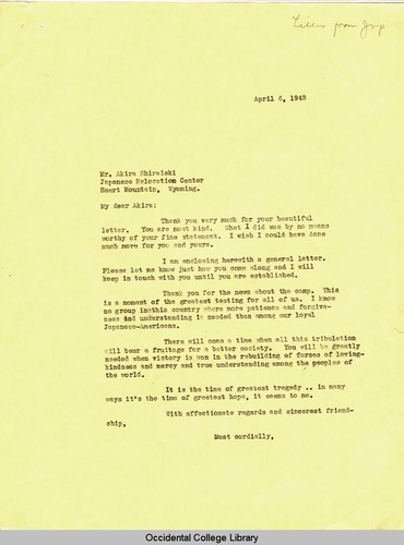 Letter from Remsen Bird to Akira Shiraishi, April 6, 1943