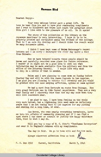 Letter from Remsen Bird to Elizabeth McCloy, March 3, 1946