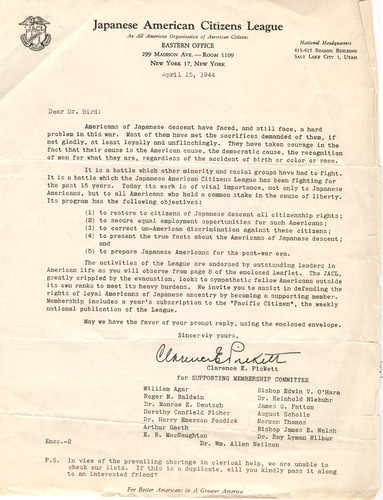 Letter from Clarence E. Pickett for the Supporting Membership Committee, Japanese American Citizens League, to Remsen Bird, April 15, 1944