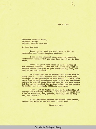 Letter from Remsen Bird to Thurston Davies, President, Colorado College, May 8, 1942