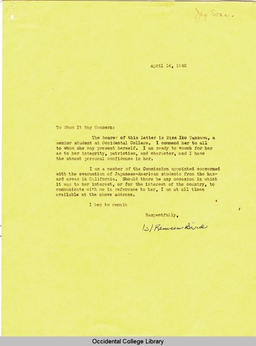 Letter from Remsen Bird to To Whom It May Concern, April 14, 1942