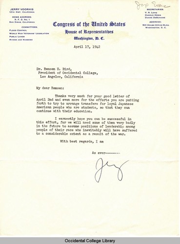 Letter from Jerry Voorhis, Congressman, House of Representatives, U.S. Congress, to Remsen Bird, April 17, 1942