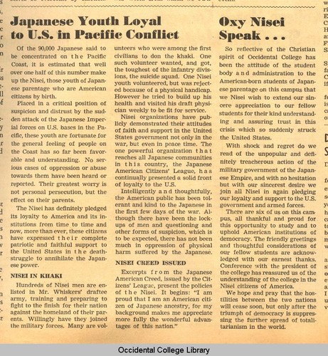 Japanese Youth Loyal to U.S. in Pacific Conflict [and] Oxy Nisei Speak..., The Occidental, December 10, 1941