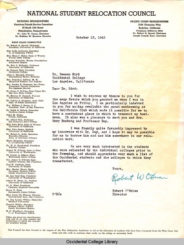 Letter from Robert O'Brien, Director, National Student Relocation Council, to Remsen Bird, October 13, 1942