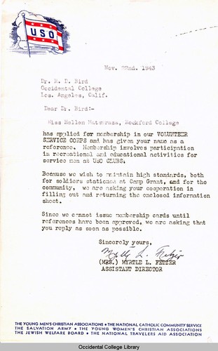 Letter from Myrtle L. Fetzer, Assistant Director, U.S.O., to Remsen Bird, November 22, 1943