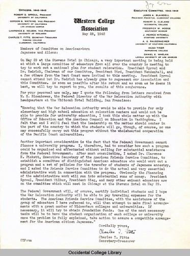 Letter from Charles T. Fitts, Secretary-Treasurer, Western College Association, to Members of Committee on American-born Japanese and Aliens, May 28, 1942