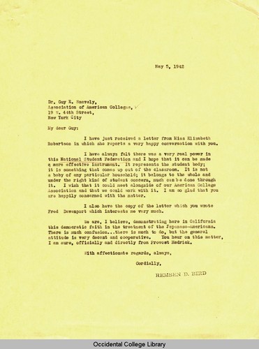 Letter from Remsen Bird to Guy Snavely, Executive Director, Association of American Colleges, May 5, 1942