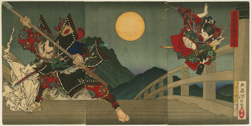 Ushiwaka and Benkei duelling on Gojo Bridge or Gojo Bridge, an episode from the Life of Yoshitsune, Chronicles of Yoshitsune