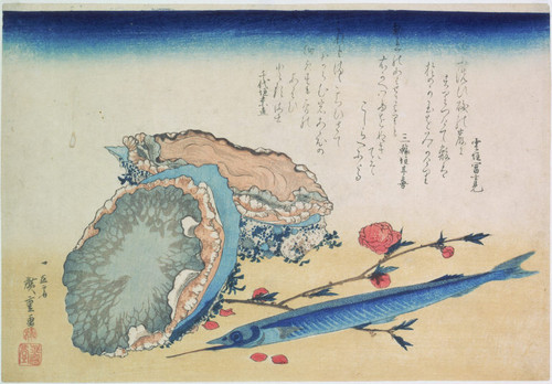 Abalone, sayori and blossoming peach branch, from an untitled set of ten prints of fish