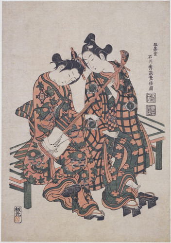 The actors Onoe Kikugoro I and Nakamura Kiyosaburo as a young seated couple playing a samisen