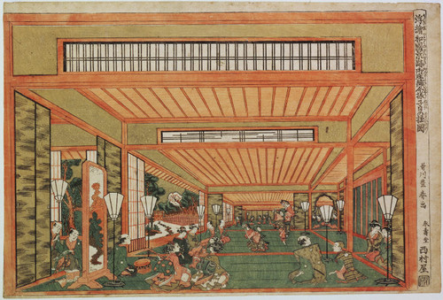 Interior of Shoin style architecture with dancers performing horse dance or Festivities in a mansion on the first Rat Day of the year, from Perspective Views of Japan