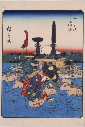 Fording the Oi River at Shimada, number 24 from the Fifty-three Stations (Jimbutsu Tokaido)