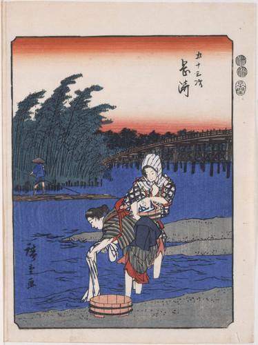 Women washing cloth in Toya River near Okazaki, number 39 from the Fifty-three Stations (Jimbutsu Tokaido)