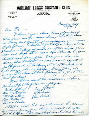 Oakland Larks Baseball Club correspondence from Walter Taylor