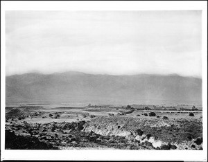 Panoramic view of early Pasadena looking northeast from the Arroyo Seco, 1876