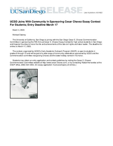 UCSD Joins With Community In Sponsoring Cesar Chavez Essay Contest For Students; Entry Deadline March 17