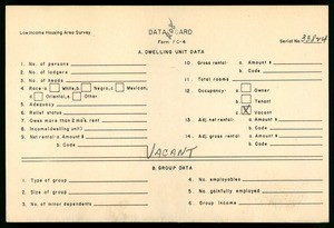WPA Low income housing area survey data card 208, serial 33824, vacant