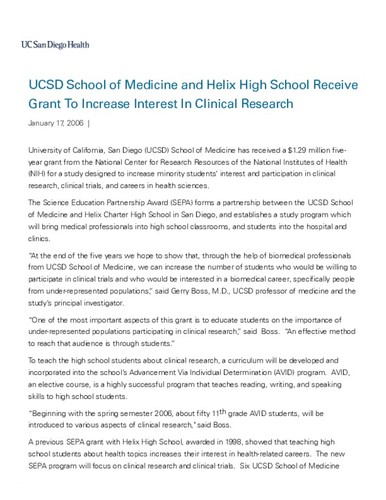 UCSD School of Medicine and Helix High School Receive Grant To Increase Interest In Clinical Research