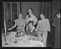 Flora Glaser, Mrs. Norman Neill, Mrs. Arthur Bowen, and Edna Percy at a tea for the Los Angeles County Medical Association, 1936