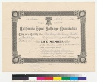 California Equal Suffrage Association certificate of life membership for Mary McHenry Keith