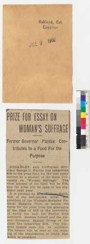 "Prize for Essay on Woman's Suffrage" (newspaper clipping)