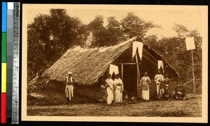 Church for converts with members standing outside, Kollam, India, ca.1920-1940
