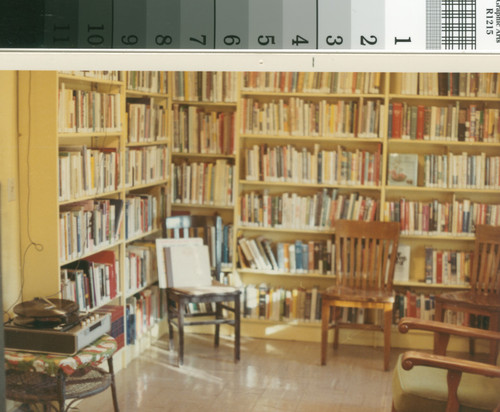 Phonograph and bookshelves at Kern General Hospital Library