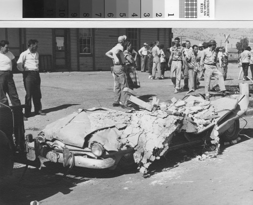 Car smashed by falling debris in 1952 Kern County earthquake