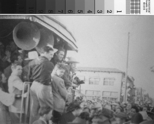 Errol Flynn, Guinn "Big Boy" Williams, and other cast members of film Virginia City at Southern Pacific station