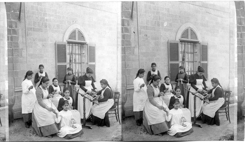 Sewing class in Miss Arnat’s school. Jaffa. Palestine