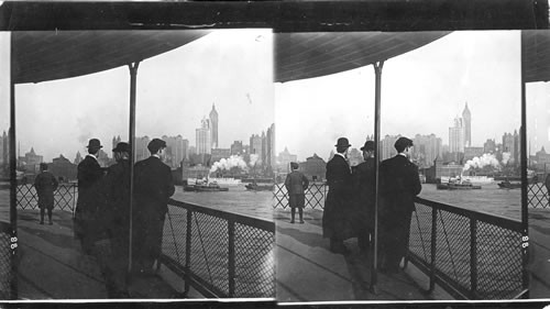 Singer Tower and Huge Office Buildings. Seen from Ferry on North River. New York