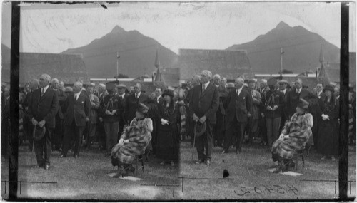 The Pres. and Party at Sitka, Alaska. Gov. Bone to right of Pres. Sec'y and Mrs. Work in rear of Mrs. Harding