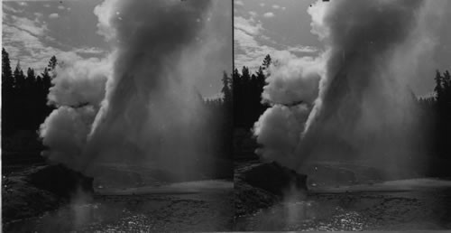 Riverside Geyser Sending Its 100 ft. Jet Obliquely Across Firehole River. Yellowstone National Park. Wyoming