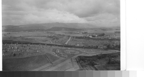 Outlook northeast from castle, scene of heroic struggles, to the Wallace Monument, Stirling, Scotland