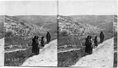 S.E. over Valley of Jehosophat, from S.E. corner of Jerusalem Wall. Village of Siloam, Palestine