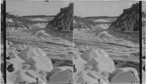 From Gorge R.R. overhead of which pools rapids to Grand and Cantilever Bridge. Winter. Niagara, N.Y