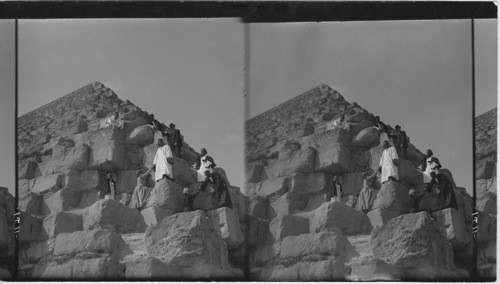 Climbing the Great Pyramid. Looking up to the Summit, Gizeh. Egypt