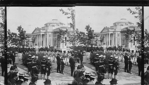 West Point Cadets before the Beautiful Auditorium Building. Virginia Day - Jamestown Exposition