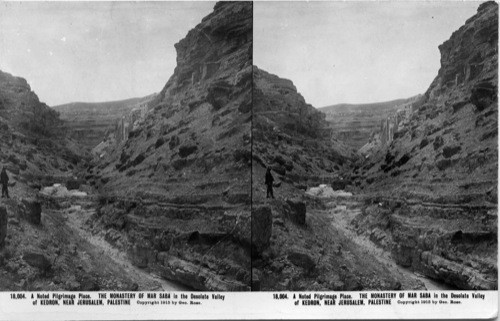 Inscribed in recto: 18,004. A Noted Pilgrimage Place. THE MONASTERY OF MAR SABA in the Desolate Valley of KEDRON, NEAR JERUSALEM, PALESTINE. Copyright 1915 by Geo. Rose