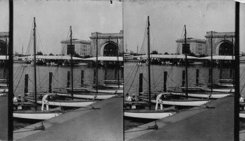 E. S. E. showing Annapolis student midshipmen coming back from Rowing practice. In background is the MacDonough Hall, U.S. Naval Academy, Annapolis, Md