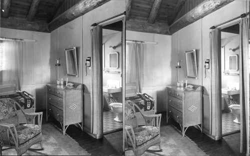 Grand Canyon, Ariz. Interior of deluxe cabin toward bath