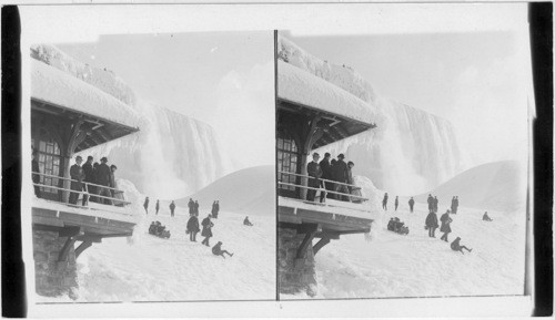 From inclined railway station over ice mountains to the ice clad precipice and American Falls, Niagara Falls