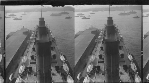 Aft from "Lockout", showing huge stacks and upper decks, S.S. Lusitania, New York