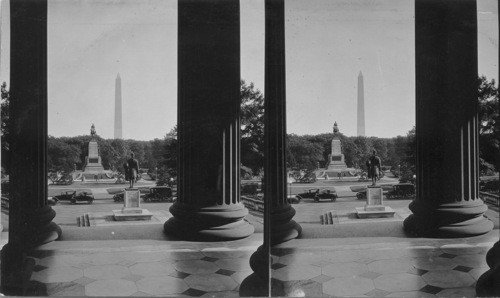 From Steps of the Treasury Bldg., South to Washington Monument, Wash., D.C. The nearest Statue is of Hamilton & the other is of Sherman, Wash., D.C