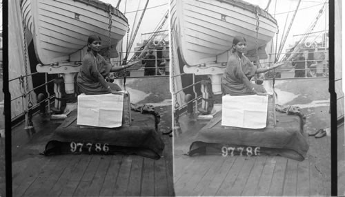 Singhalese woman on board a steamer in Brooklyn waiting to be deported by U.S. Immigration Authorities after their expiration of their contract with Western Theatrical Troupe. N.Y. City