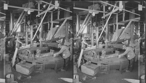 Rubbing bed for grinding and cutting marble blocks into symmetrical shape. Vermont