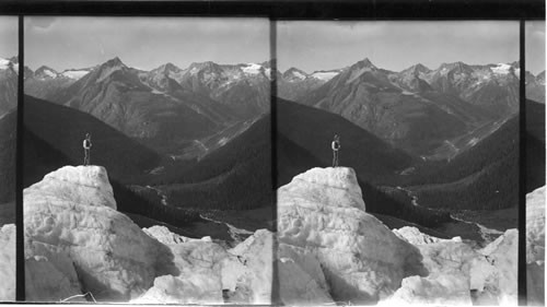 Illecillewaet Valley and Hermit Range from Illecillewaet Glacier. Selkirk Mts., B.C. Can