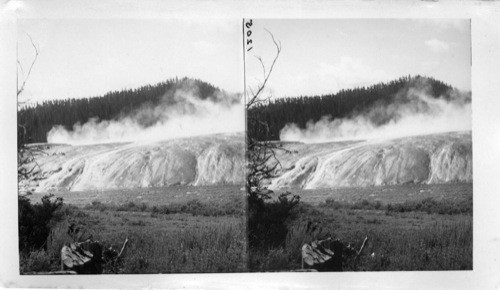 Crater of Excelsior Geyser. Birds eye view of Hells Half Acre from across the Firehole River